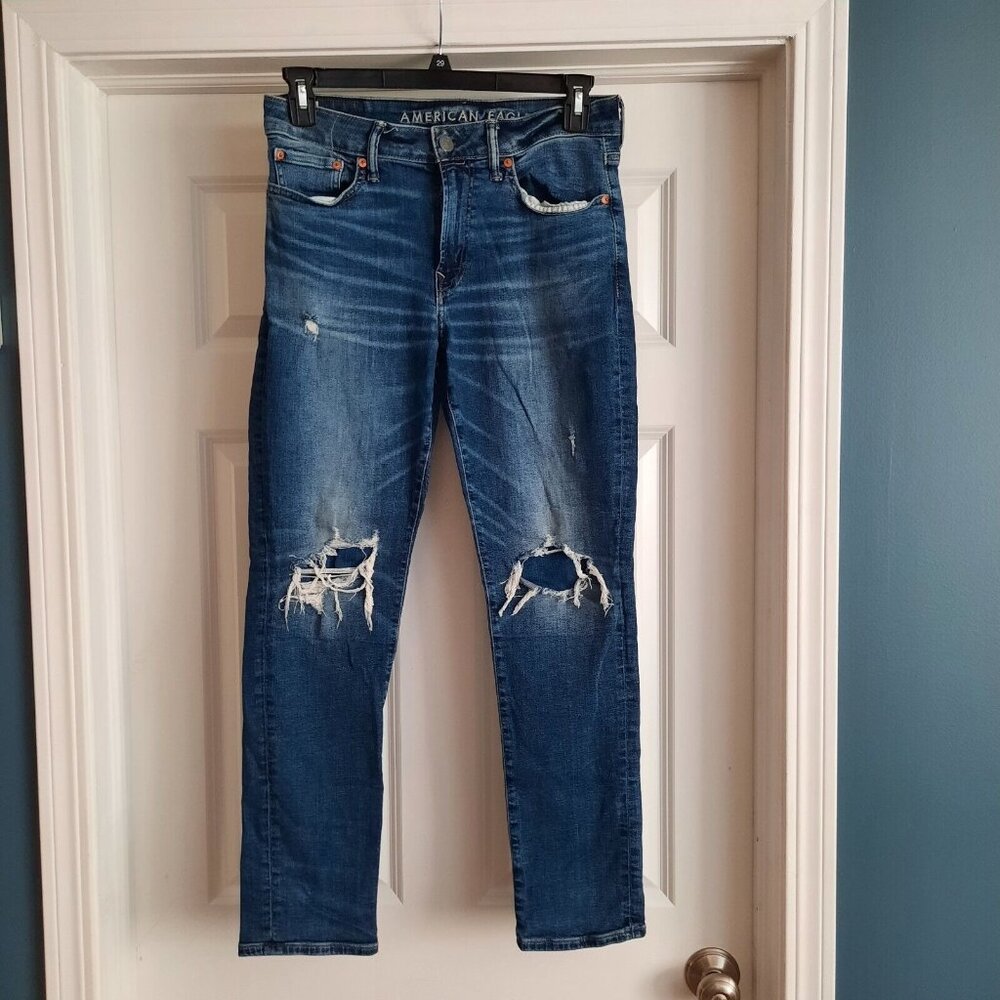 American Eagle Jeans Mens 31x30 Next Level Airflex Slim Distressed Patched Rips